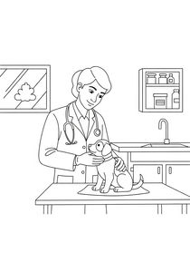 En smilende veterinær med stetoskop rundt halsen klapper en valp på et undersøkelsesbord. I bakgrunden av klinikken ser man en vask, en hylle med flasker og et bilde på veggen.