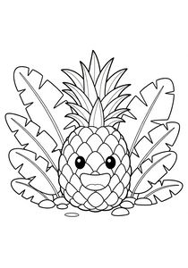 Un disegno in bianco e nero di un dolce personaggio ananas con il volto sorridente. Si trova al centro tra grandi foglie di palma e piccoli ciottoli.