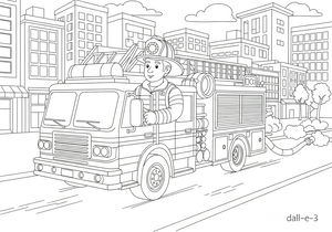 Ein freundlicher Feuerwehrmann steuert ein großes Löschfahrzeug durch eine Stadt mit Hochhäusern. Das Auto hat eine Leiter auf dem Dach und einen zusammengerollten Schlauch an der Seite. Flauschige Wolken schweben über der städtischen Landschaft.
