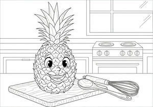 Risani ananas s prijaznim nasmejanim obrazom stoji na deski za rezanje na kuhinjskem pultu. Poleg njega ležita metlica in kuhalnica, v ozadju pa so vidne omarice.