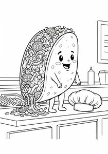 Ein fröhlicher Comic-Taco mit lächelndem Gesicht und kleinen Armen steht auf einer Theke. Die Füllung aus Salat, Tomaten und Limettenscheiben verteilt sich auf der Oberfläche neben einer hohen Kochmütze und Vorratsbehältern im Hintergrund.