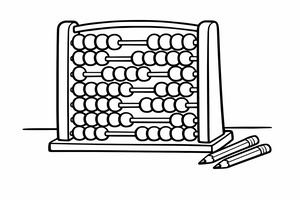 Un disegno lineare in bianco e nero di un abaco tradizionale in legno su una superficie piana. L'abaco ha sette barre orizzontali con diverse palline tonde su ciascuna. Due matite giacciono in diagonale in primo piano.