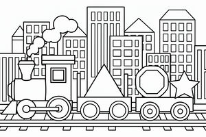 Eine Schwarz-Weiß-Zeichnung eines Dampfzuges auf Schienen. Die Waggons transportieren ein großes Dreieck, ein Achteck und einen Stern. Im Hintergrund bilden zahlreiche Gebäude mit vielen rechteckigen Fenstern eine dichte städtische Silhouette.