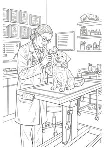 En detaljerad målarbild av en veterinär med glasögon och vit rock som undersöker en liten hundvalp. Bakgrunden visar en vägg med inramade diplom, en whiteboard och hyllor fyllda med medicinflaskor och instrument.