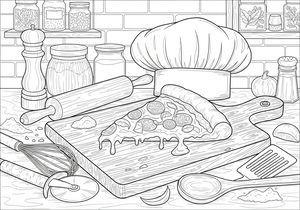 Desenho de linha detalhado de uma fatia de pizza com queijo a pingar numa tábua de madeira. A bancada tem utensílios como batedor e rolo da massa com um chapéu de chef ao fundo.