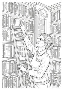 Eine Bibliothekarin mit Dutt und Brille steht auf einer Holzleiter in einer Bibliothek. Sie streckt sich nach oben, um ein Buch in ein hohes Regal zu stellen. Der Hintergrund ist gefüllt mit riesigen Bücherregalen und einem Rundbogen, der in einen anderen Raum führt.
