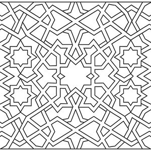 Un disegno da colorare geometrico dettagliato che mostra un motivo ripetuto di stelle a otto punte intrecciate e forme angolari. La linea nera su bianco forma un mosaico perfettamente simmetrico.