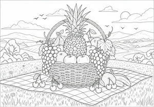 Ananas, üzüm ve elmalarla dolup taşan örgü bir sepetin detaylı çizimi. Sepet; tepelerin, ağaçların ve parlak bir güneşin olduğu çimenlik bir alandaki kareli piknik örtüsü üzerinde duruyor.