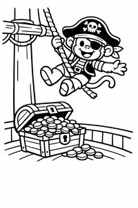 Um macaco pirata fofo com uma pala no olho e chapéu de pirata balança-se numa corda sobre um baú do tesouro cheio de moedas de ouro no navio.