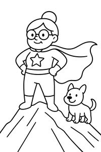 Ausmalbild einer lächelnden Superhelden-Oma mit Brille und Haarknoten, die ein Kostüm mit Sternsymbol und Umhang trägt. Sie steht heroisch auf einem Berggipfel neben einem niedlichen kleinen Hund.