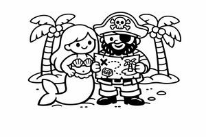 Um pirata sorridente com barba e tapa-olho está ao lado de uma sereia numa praia. O pirata segura um mapa com um X. Duas palmeiras crescem ao fundo.