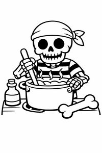 Un simpatico scheletro pirata in stile cartone animato con bandana e maglia a righe mescola una pentola fumante con un cucchiaio di legno. Un osso e una bottiglietta sono sul tavolo.