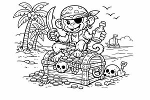 Una scimmia pirata sorridente con bandana e benda sull'occhio siede su un forziere traboccante di tesori in spiaggia. Impugna una spada e una bottiglia. Palme e un vascello decorano lo sfondo.