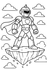 Ein Roboter-Superheld steht heldenhaft auf einer schwebenden Felsinsel hoch am Himmel. Er trägt eine vollständige Rüstung mit einem Emblem auf der Brust und einen wehenden Umhang, umgeben von vielen kleinen Wolken.