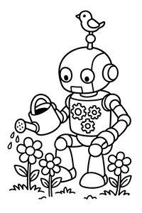 Přátelský robot s kulatýma očima a ozubenými koly na hrudi zalévá tři kopretiny malou konvičkou. Na jeho anténě sedí drobný ptáček a u nohou mu rostou trsy trávy.