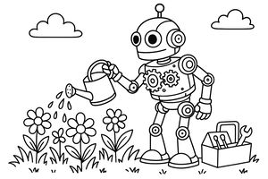 Přátelský steampunkový robot s ozubenými koly na hrudi zalévá řadu velkých květin konví. Na trávě vedle něj leží bedna s nářadím a v pozadí plují nadýchané mraky.