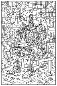 Detailní čárová kresba steampunkového robota v hloubavé póze. Robot je obklopen mechanickými částmi, ozubenými koly na stěně a ručním nářadím roztroušeným po podlaze dílny.