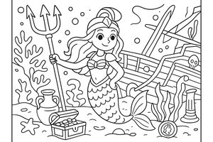 Una simpatica sirena guerriera sta sul fondo dell'oceano con un tridente. Dietro di lei ci sono una nave pirata affondata, un tesoro e vasi antichi tra i coralli.
