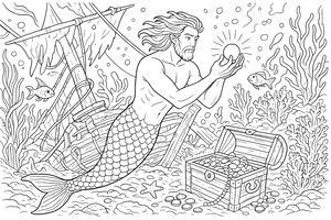 A bearded merman with a scaly tail holds a glowing pearl between his hands. He is swimming above the sea floor next to an open treasure chest and a sunken shipwreck. Coral, seaweed, small fish, and floating bubbles fill the detailed underwater scene.