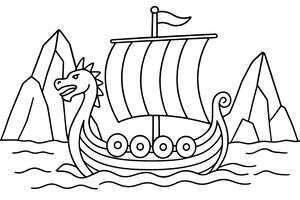 Jednoduchá kresba vikingské lodi s dračí hlavou na přídi a velkou pruhovanou plachtou. Loď má na boku čtyři kulaté štíty a pluje zvlněnou vodou s vysokými ledovci v pozadí.