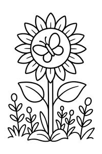 Um desenho simples de contornos de um grande girassol com uma borboleta sentada no centro. O girassol tem um caule robusto com duas folhas e pequenas plantas na base. Os contornos são grossos e nítidos para facilitar o colorir.