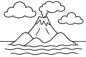 Un semplice disegno al tratto di un'isola vulcanica in mezzo all'oceano. Il fumo sale dalla cima del vulcano verso un cielo con due grandi nuvole.