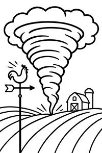 Eine einfache Strichzeichnung eines massiven Tornados, der auf einem hügeligen Feld aufsetzt. Im Hintergrund stehen eine Scheune und ein Silo, während im Vordergrund eine Wetterfahne mit einem Hahn zu sehen ist.