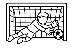 Eine einfache Strichzeichnung eines Fußballtorwarts mit Handschuhen, der waagerecht in der Luft schwebt, um einen Ball zu halten. Das Bild zeigt klare Konturen vor einem großen Tornetz.