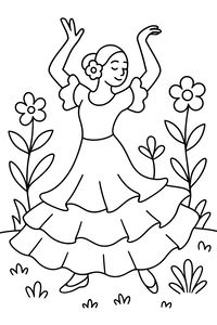 Tancerka flamenco z uniesionymi ramionami tańczy w ogrodzie. Ma na sobie szeroką suknię z wieloma warstwami falban oraz kwiat we włosach. Po obu jej stronach rosną dwa duże, stylizowane kwiaty.