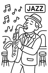 Un disegno a tratteggio di un uomo con cappello e completo che suona un grande sassofono. Note musicali lo circondano e si vede un'insegna con scritto JAZZ.