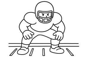 Um desenho simples de um jogador de futebol americano com capacete e ombreiras, agachado em posição defensiva num campo marcado.