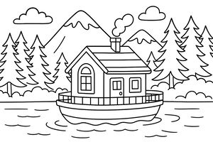 Un disegno a linee di un'accogliente casa galleggiante con camino e piccole finestre su un lago. Sullo sfondo ci sono pini, maestose montagne innevate e nuvole.