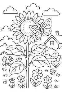 Um girassol grande destaca-se num jardim com uma borboleta a descansar nas suas pétalas. Uma pequena casa com chaminé e várias flores pequenas são visíveis ao fundo sob um céu nublado.