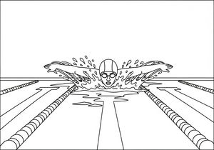 Un disegno a tratteggio frontale di un nuotatore con cuffia e occhialini che nuota a farfalla. Le braccia sono distese sopra l'acqua con spruzzi intorno.