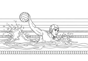 Rysunek konturowy gracza piłki wodnej w czepku kąpielowym, trzymającego piłkę nad wodą. Sportowiec płynie w basenie z widocznymi liniami torowymi.