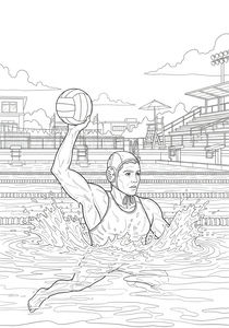 A water polo player in a swimming cap holds a ball high in one hand while treading water. Large splashes surround the athlete in a competition pool with bleachers, a lifeguard tower, and lane ropes visible in the background.