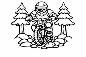Un cycliste en VTT avec un casque intégral et des genouillères roule vers l'avant sur un sentier rempli de pierres. Deux grands sapins se dressent de chaque côté du chemin sur un fond blanc.