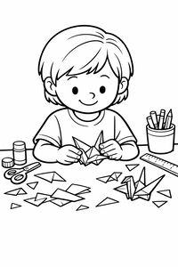 Hymyilevä lapsi istuu työpöydän ääressä ja taittelee huolellisesti paperista origami-kurkea. Työtilassa näkyy askartelutarvikkeita, kuten sakset, viivain, liimaa ja kyniä täynnä oleva purkki.