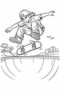 A line art drawing shows a young skateboarder in mid-air above a curved skate park bowl. He wears a backwards cap and baggy clothes while his skateboard flips beneath him. Palm trees and a city skyline are visible in the background under a clear sky with two birds.