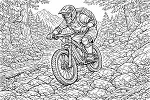 Desenho para colorir detalhado de um ciclista de montanha com capacete e óculos a andar numa floresta rochosa. A cena inclui árvores altas, um pequeno riacho com um tronco e picos de montanha. O ciclista contorna pedras grandes e raízes.