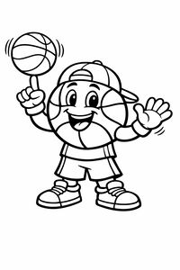 Uma personagem de basquetebol de desenho animado com rosto, braços e pernas. Usa um boné e sapatilhas, gira uma bola num dedo e acena. O desenho tem contornos grossos e nítidos.