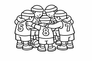 Fünf Basketballspieler stehen in einem engen Kreis und tragen nummerierte Trikots und Stirnbänder. Ein Basketball liegt zu ihren Füßen auf dem Boden. Die dicken Linien betonen Teamwork und Sportsgeist.