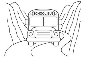 Un semplice disegno al tratto di uno scuolabus rivolto in avanti su una strada tortuosa. L'autobus è tra due alte e ripide scogliere montuose con contorni netti.