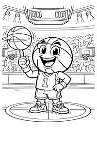 Un sorridente personaggio del basket in stile cartoon con scarpe da ginnastica e divisa fa girare un pallone sul dito indice. Si trova al centro di un campo da basket con pubblico, riflettori e un tabellone digitale.