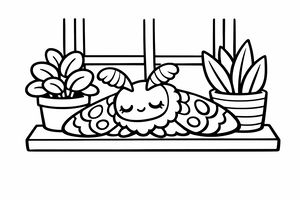 Uma traça amorosa em estilo cartoon com os olhos fechados e asas decoradas descansa numa janela. Está ladeada por dois pequenos vasos de plantas.