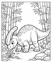 Přátelský dinosaurus parasaurolophus s velkým hlavovým hřebenem se sklání, aby si přivoněl k jediné květině na zemi. Scéna je zasazena do lesa plného vysokého bambusu s poletujícím motýlem.