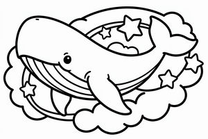 Una balena sorridente fluttua in una scena cosmica circondata da soffici nuvole e diverse stelle a cinque punte. Il disegno ha linee spesse e pulite con ampie aree bianche per facilitare il colore.