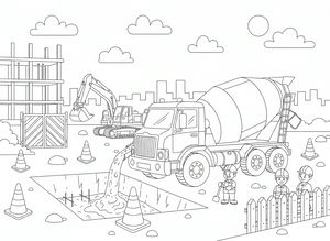 Eine Strichzeichnung eines schweren Betonmischers, der Beton auf einer Baustelle ausgießt. Ein Bagger steht im Hintergrund neben einem Stahlgerüst, umgeben von Verkehrskegeln und drei lächelnden Arbeitern mit Schutzhelmen.