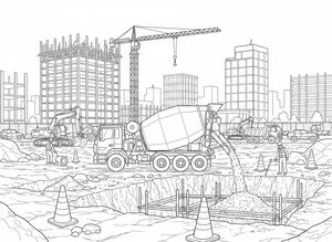 Disegno lineare dettagliato di una betoniera che versa cemento in un cantiere cittadino. La scena include una gru a torre, escavatori, edifici in costruzione e coni stradali.