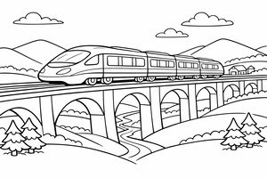 Desenho de contorno de um comboio moderno com várias carruagens a atravessar um viaduto de pedra com arcos. O cenário inclui colinas, um rio, pinheiros e nuvens.